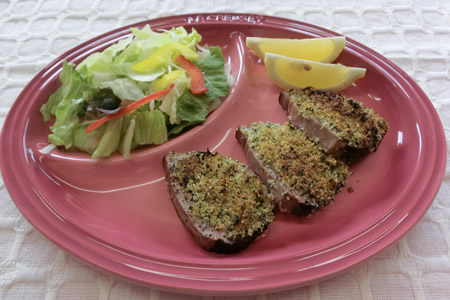 初がつおの緑茶パン粉焼き